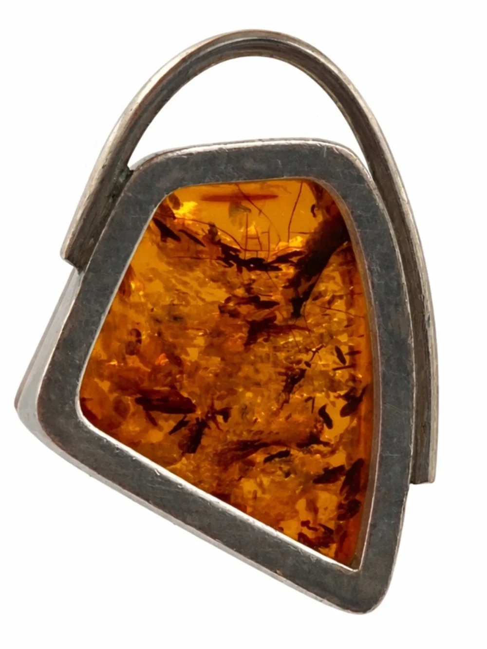 Large Honey Amber Pendant in Sterling Silver Modern Art Design